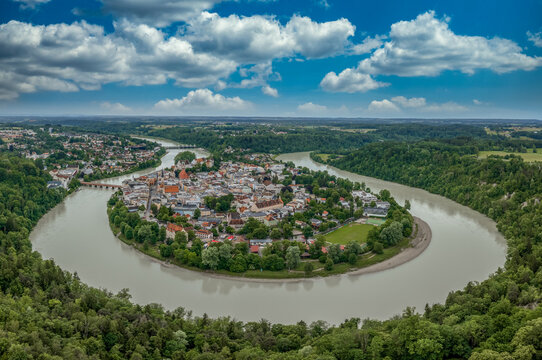 Aerial view of the medieval old town of Wasserburg am Inn enclosed by the horseshoe loop of the Inn river, Bavaria, Germany