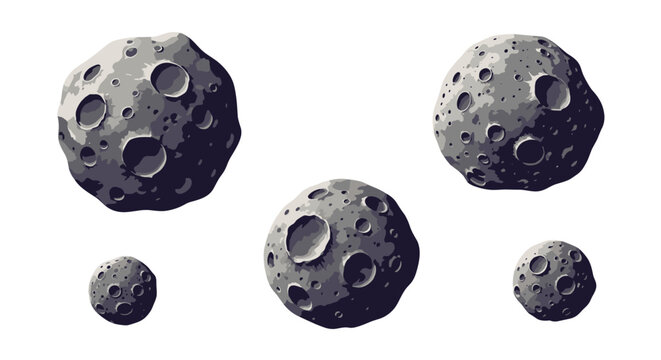Collection of grey asteroids or moons with various craters and textures for space exploration game design assets.