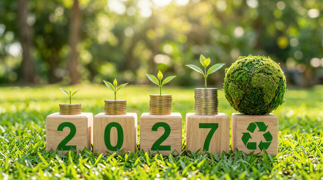 2027 Sustainability Wooden Blocks. Eco Green Growth Concept.&nbsp;New Year 2027 Sustainable Finance Planning