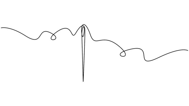 Sewing needle with thread continuous line drawing animation isolated on white background. Minimalist tailoring needle line sketch self-drawing animation for craft and fashion design.