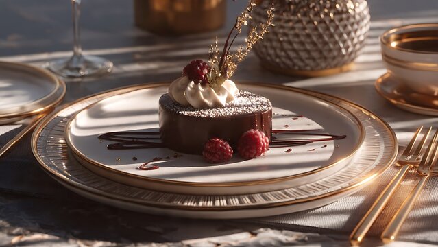Elegant Chocolate Dessert with Raspberries on Gold Rimmed Plate