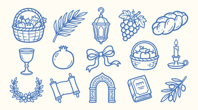 Collection of Hand-Drawn Jewish Holiday Symbols and Objects.