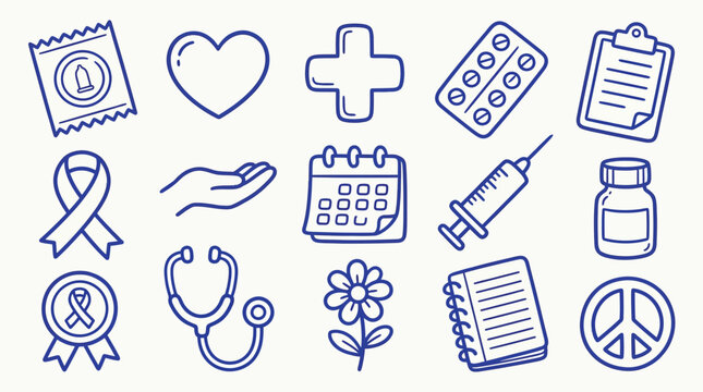 Collection of hand-drawn icons representing health, medicine, and well-being, including a condom, heart, cross, pills, and calendar.