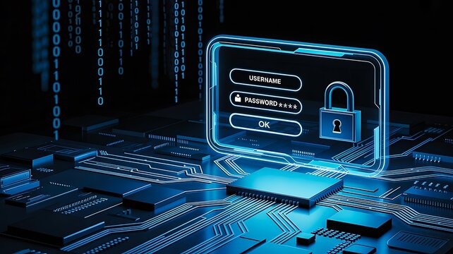 Cybersecurity login authentication system with digital lock and secure data protection interface