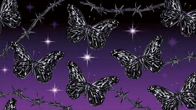 Metallic Chrome Butterflies with Barbed Wire on Purple Gradient