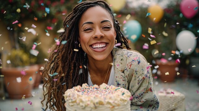 Joyful Woman Celebrating Birthday Outdoors with Cake and Confetti