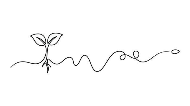 Minimalist continuous line art illustration of a tiny green sprout growing from a single seed with roots showing a delicate organic botanical style rendered in clean black ink strokes for a simple mod