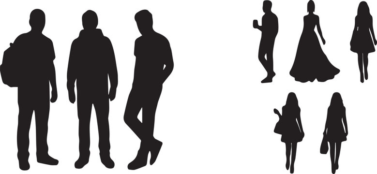 Collection of black silhouettes of casual men and elegant women standing walking and commuting isolated on white background