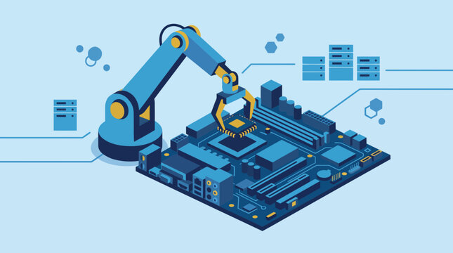 Isometric Robotic Arm Assembling Microchip on Circuit Board