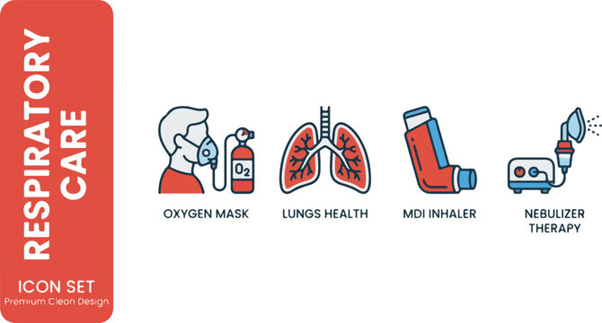 Respiratory Care Icon Set - Medical Symbols for Oxygen, Lungs Health, MDI Inhaler, and Nebulizer Therapy