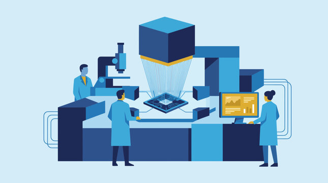 Engineers working in a high-tech semiconductor fabrication laboratory