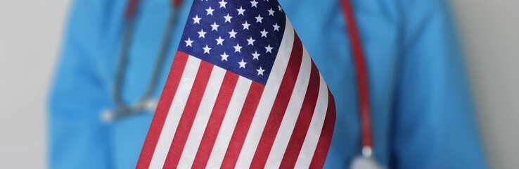 Obraz premium Medical professional holding a small American flag