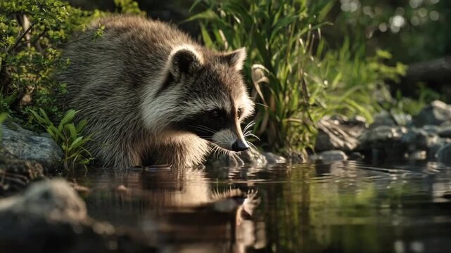 Raccoon Dog by a Forest Stream in a Peaceful Woodland