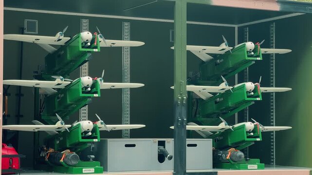 Armenian military drones stored inside a transport truck during a public exhibition in Yerevan, showcasing modern unmanned aerial vehicle technology, tactical combat surveillance equipment