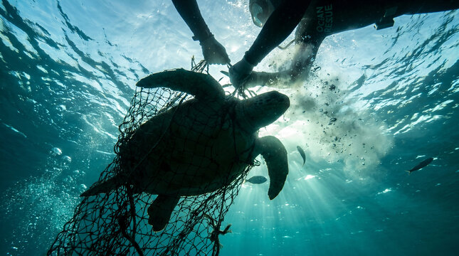 Trapped sea turtle silhouette underwater, large commercial ghost fishing net entanglement, swimming being cut free by scuba divers overhead, in deep blue ocean water with sun rays, underwater wildlife