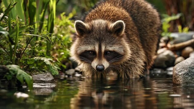 Raccoon Dog by a Forest Stream in a Peaceful Woodland