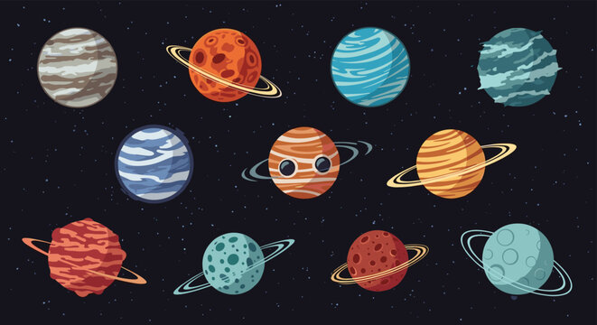 Colorful collection of pixel art planets and celestial bodies displayed against a dark starry background representing a diverse galaxy.