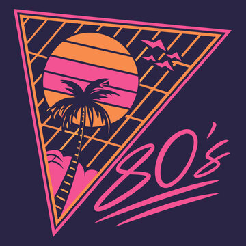 Retro 80s themed synthwave design with palm tree silhouette and birds against a sunset grid in a triangle shape