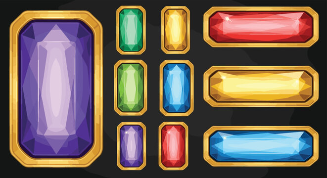 Collection of assorted valuable gemstones in various shapes and colors like emerald, ruby, and sapphire set in elegant gold frames.