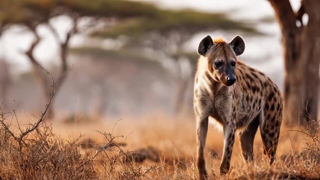 Spotted Hyena Standing on the African Savannah Grasslands