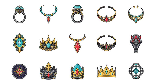 Elaborate collection of fantasy jewelry featuring gold crowns, necklaces with gems, rings, and amulets suitable for a royal character.
