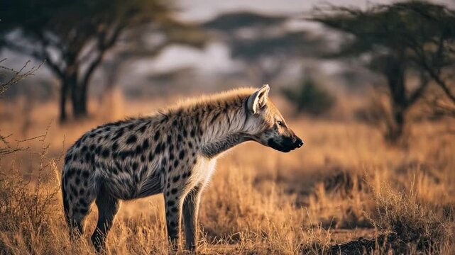 Spotted Hyena Standing on the African Savannah Grasslands