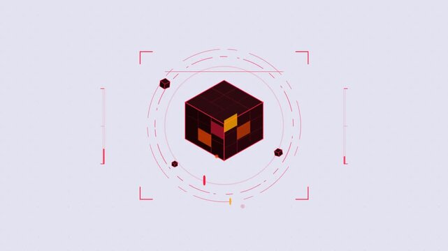 Rotating isometric cube changing colors with digital interface elements