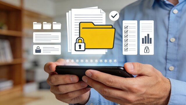 Mobile data security concept with locked folder icon and password protection, secure file storage and privacy management on smartphone device for safe information handling