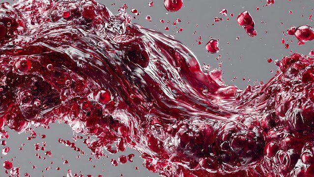 Dynamic Splash of Deep Red Liquid with Droplets on Grey Background