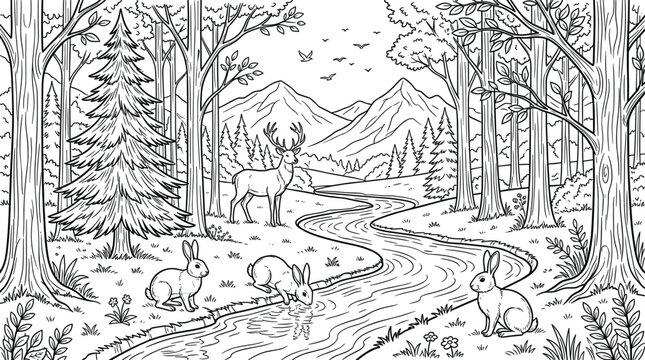 Hand drawn vector illustration of a forest landscape with wild animals deer and rabbits by a winding river