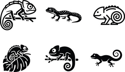 set of chameleons and lizards in different poses and styles  reptiles © Saidurra12