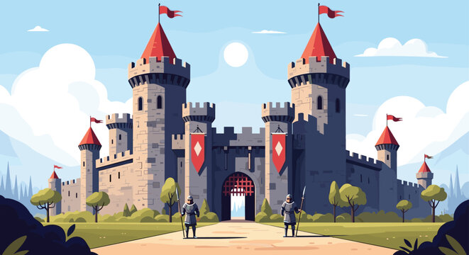 Large medieval fortress with two grand towers and red flags stands guard over a path as soldiers watch from the main gate.