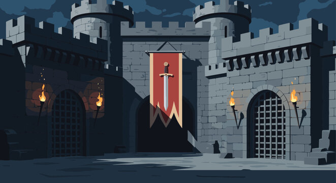 Entrance to a medieval stone castle features a portcullis gate, defensive towers, lit torches, and a central banner with a sword.