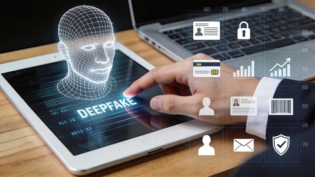 Digital wireframe human head on tablet screen displaying deepfake technology concept with security and identity icons