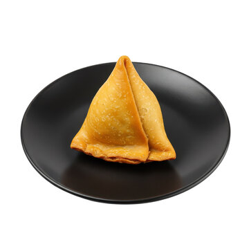 Crispy golden samosa on a dark plate studio shot isolated on white background