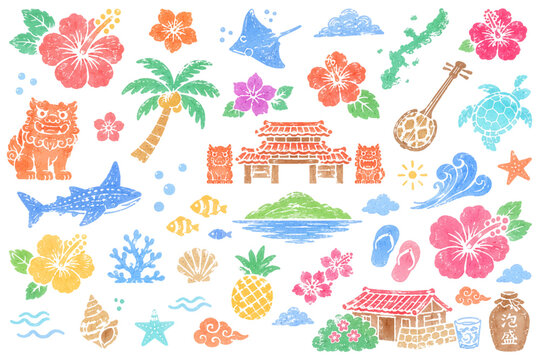 沖縄イメージのスタンプ風イラストセット