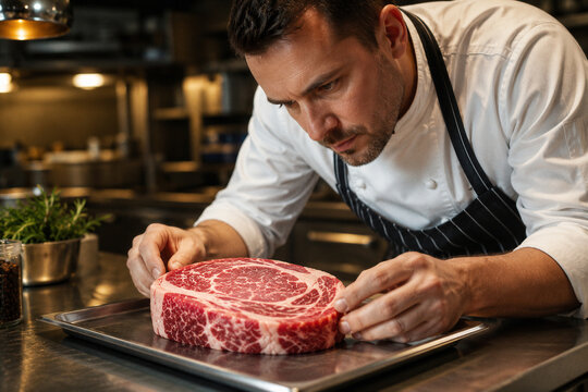 Master Chef's Critique: A focused chef meticulously examines a prime cut of raw beef steak in a professional kitchen, highlighting the art of culinary preparation and quality ingredients.