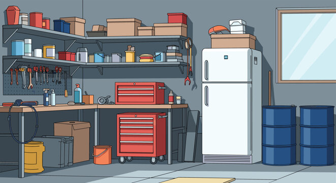 Cluttered garage or basement workshop filled with organized tools, storage boxes, paint cans, a refrigerator, and blue barrels.