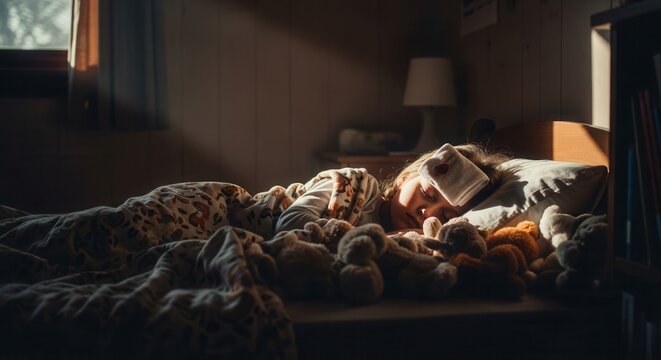 A Child Rests Comforted By Stuffed Animals While Recovering From Illness