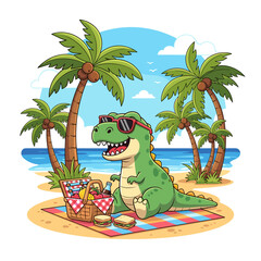 Cute Cartoon T Rex Picnic On Tropical Beach Summer Dinosaur Illustration With Sunglasses And Palm Trees © bima