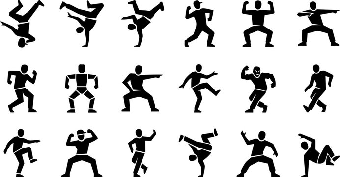 Breakdance silhouettes in various urban hip hop dance vector poses