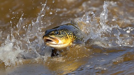 Fototapeta premium Brook trout jumping out of turbulent river water creating a dynamic splash with sunlight illuminating the golden textured scales