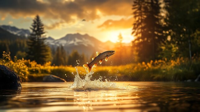 Brown trout jumping out of a scenic mountain river during a golden sunset with water splashes and blurred forest background