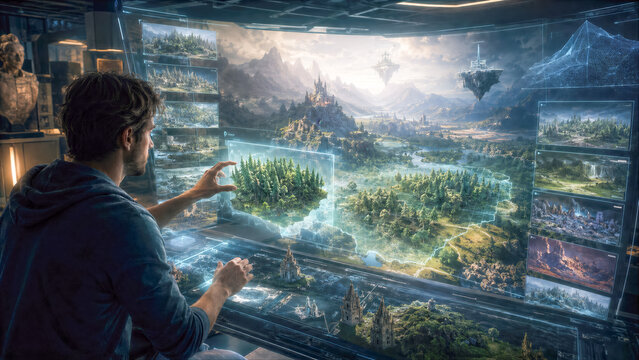 Game developer deeply immersed in virtual workspace dragging and dropping AI generated procedural forests