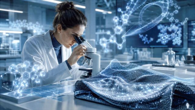 Material scientist in a lab examining new AI designed smart fabric under microscope with floating molecule data