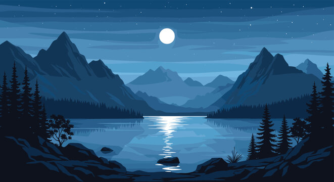Serene pixel art landscape of a calm lake surrounded by mountains and pine trees under a bright glowing full moon.