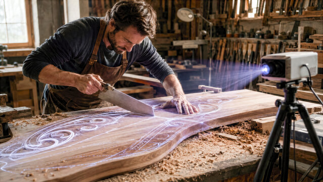 Carpenter using manual saw while digital projector overlays complex carving paths generated by AI on wood