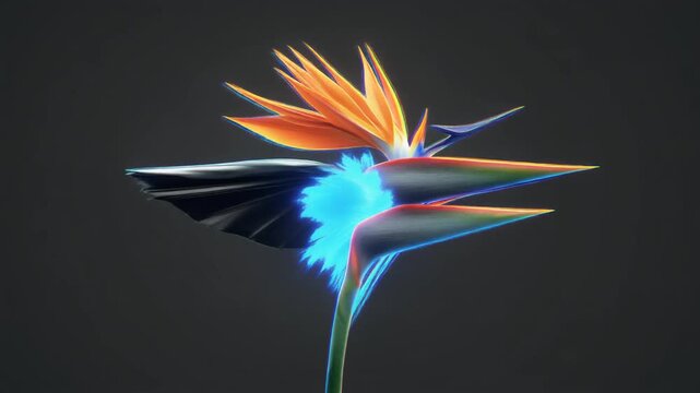 Cinematic animated Bird of Paradise flower blooming with vibrant orange, blue, and black petals, emitting a mystical glowing blue light