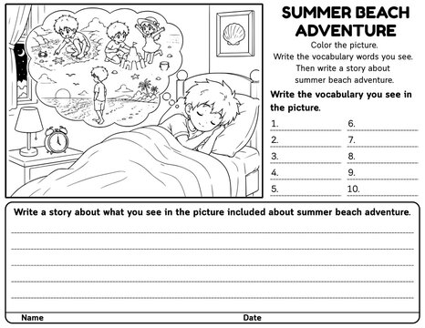 Summer Beach Adventure Writing Prompt Worksheets for Grades 2&ndash;4 | Summer SEL and ELA Writing Activities | Creative Writing Ocean Discovery and Seaside Exploration