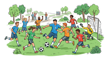 Fototapeta premium Children playing soccer on a sunny park field with colorful jerseys, blue and red team players, and playful youth match